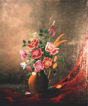Bouquet de fleurs avec rideau rouge